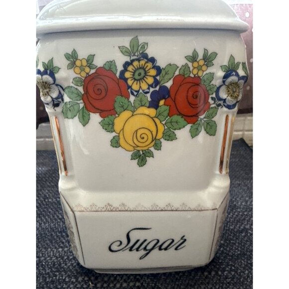 Vintage Ceramic Rice & Sugar Kitchen Canisters With Floral Design & Lids - Picture 9 of 16